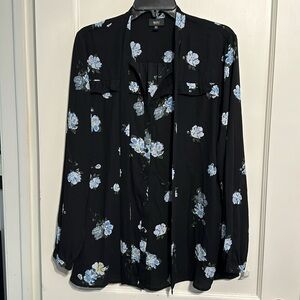 New Women’s Mossimo Black Floral Flowy Button Down Tie Neck Blouse XL